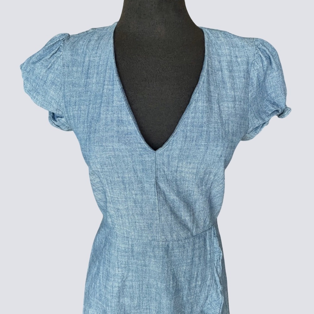 J.Crew Womens Blue Linen Blend Ruffle Chambray Wrap V-Neck Short Sleeve Dress 4